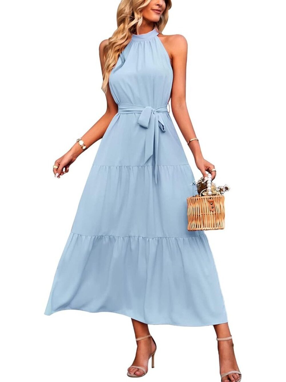 Women's Solid Light Blue Floral Maxi Dress Sleeveless Halter Neck Flowy Ruffle